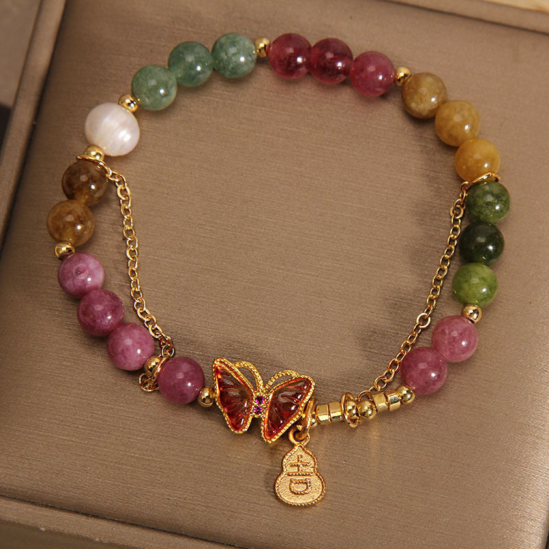 MythStone Natural Colorful Tourmaline Butterfly Auspicious Character Gourd Charm Positive Bracelet