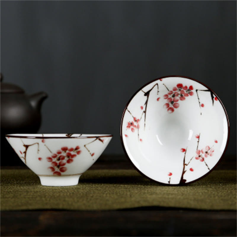 Mythstone Flowers Fu Character Mountains Lotus Cherry Blossoms Ceramic Teacup Kung Fu Tea Cup