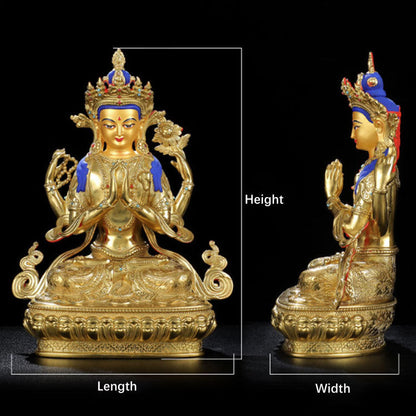 Mythstone Chenrezig Four-armed Avalokitesvara Protection Copper Gold Plated Statue Decoration