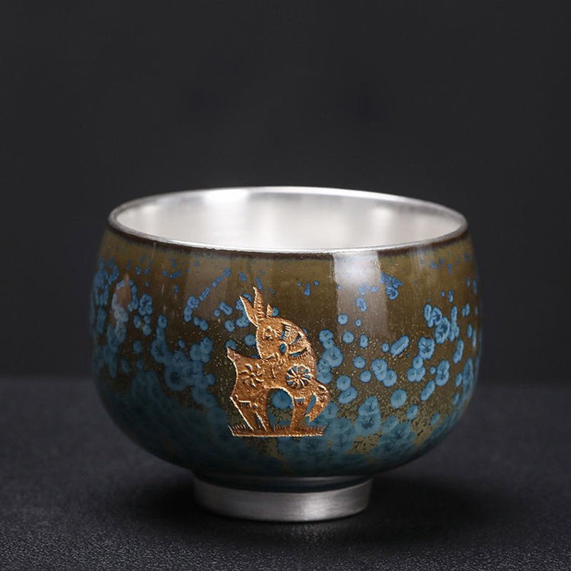 Mythstone 999 Gilt Silver Gilt Chinese Zodiac Ceramic Teacup Kung Fu Tea Cup 160ml