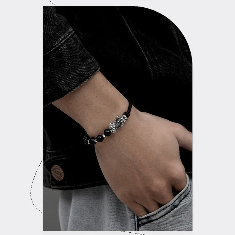 Mythstone 999 Sterling Silver FengShui PiXiu Natural Black Obsidian 925 Sterling Silver Bead Strength Bracelet