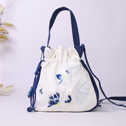 Mythstone Embroidered Butterfly Lotus Magnolia Cotton Linen Tote Crossbody Bag Shoulder Bag Handbag