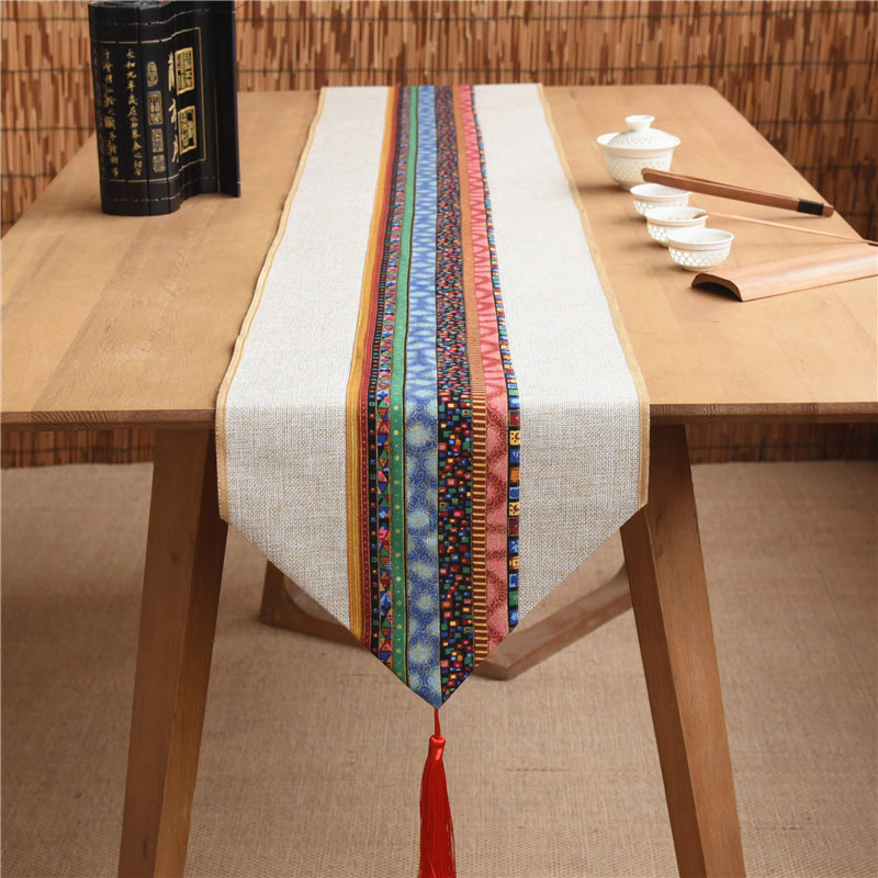 Mythstone Classic Chinese Style Lotus Koi Fish Flower Crane Calligraphy Enlightenment Cotton Linen Tassels Table Runner