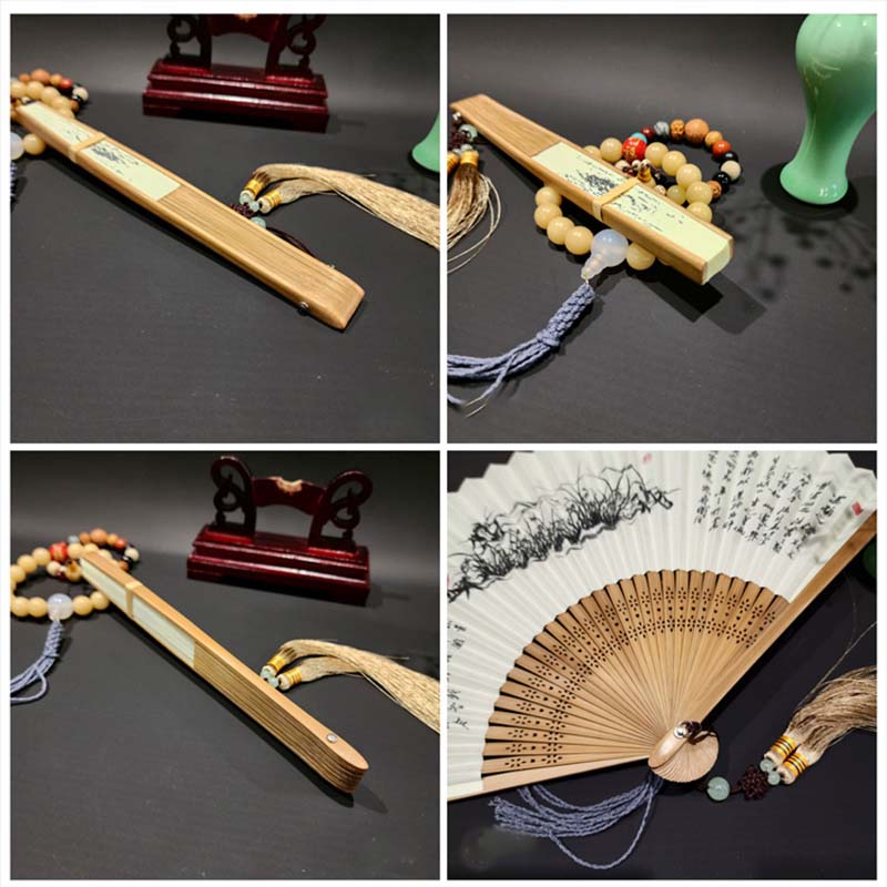 Mythstone A Panorama Of Rivers And Mountains Cranes Orchid Flower Paper Bamboo Handheld Silk Bamboo Folding Fan 22cm