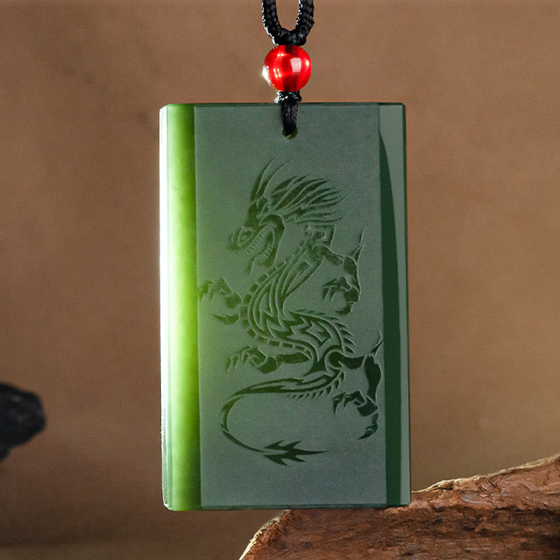 Mythstone Hetian Cyan Jade Dragon Engraved Success Necklace Pendant