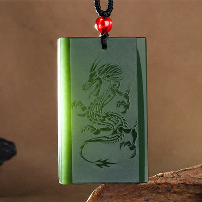 Mythstone Hetian Cyan Jade Dragon Engraved Success Necklace Pendant