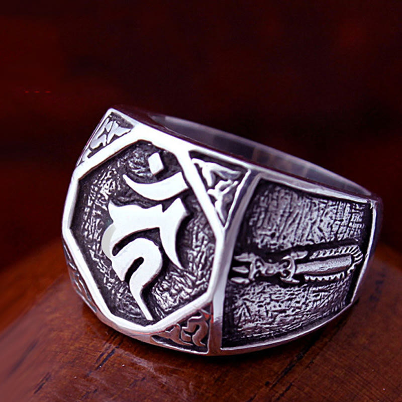 Anillo ajustable de protección tallado con diseño sánscrito en plata de ley 925 Mythstone