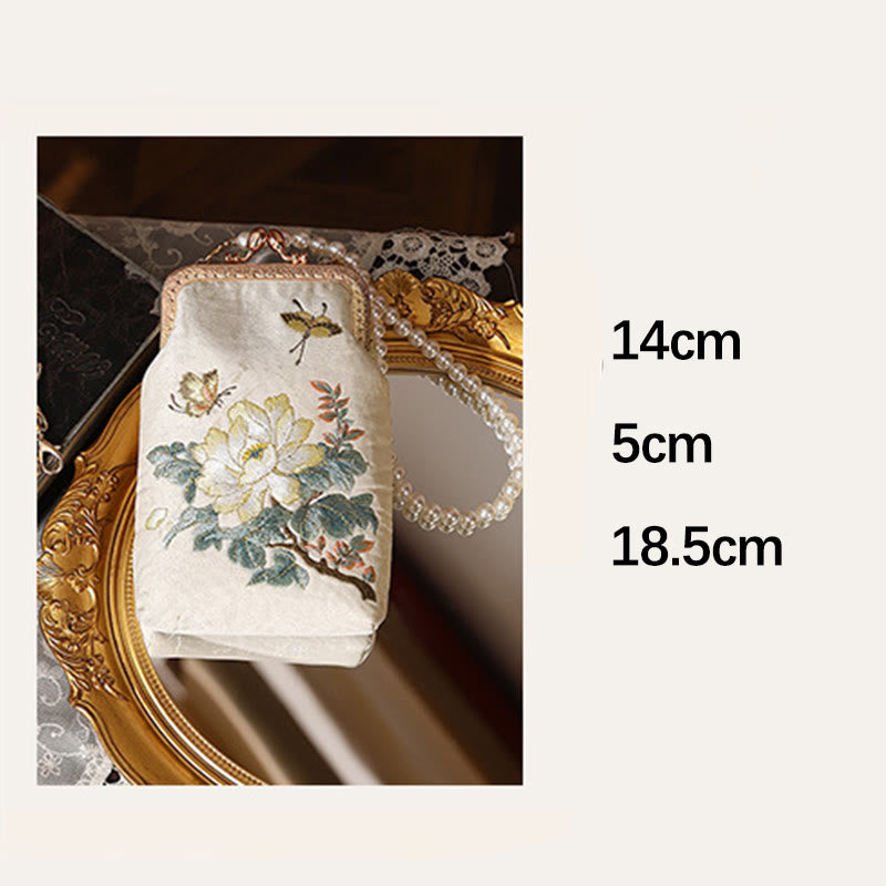 Mythstone Small Flowers Butterfly Embroidered Pearl Metal Chain Shoulder Bag Crossbody Handbag Cellphone Bag