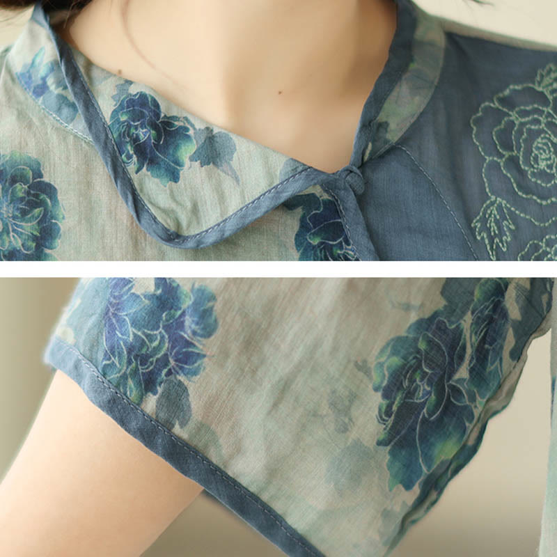 Mythstone Blue Jacaranda Flower Design Three Quarter Sleeve Ramie Linen Shirt