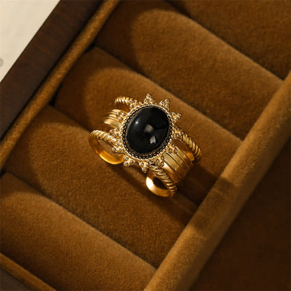 Mythstone 18K Gold Plated Black Obsidian Titanium Steel Strength Ring