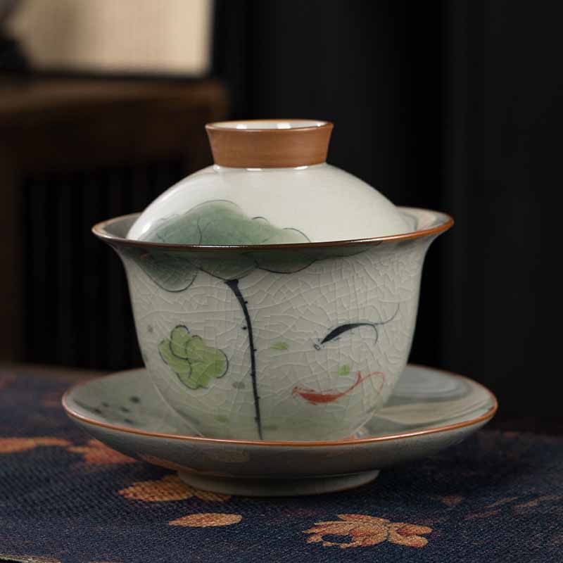 Mythstone Lotus Koi Fish Pod Leaf Ceramic Gaiwan Sancai Teacup Kung Fu Tea Cup And Saucer With Lid 140ml