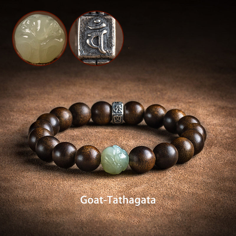 Pulsera de plata de ley 925 con jade de agar y buda de Kalimantan con el zodíaco chino Mythstone