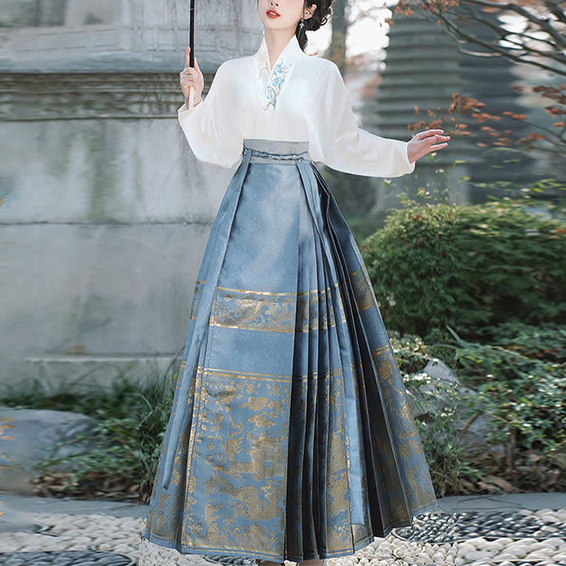 Mythstone Long Sleeve T-Shirt Top Tee Chinese Hanfu Flowers Horse Face Skirt Mamianqun