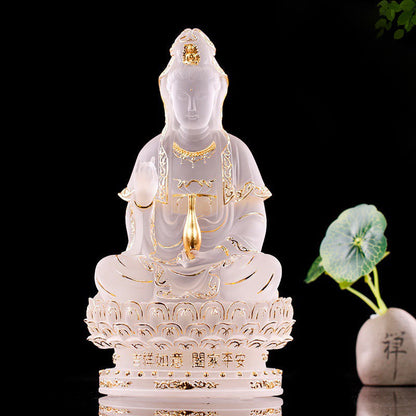 Figura de Avalokitesvara Kwan Yin de Mythstone hecha a mano, pieza de arte de cristal de Liuli, estatua de riqueza, ofrenda para el hogar, decoración