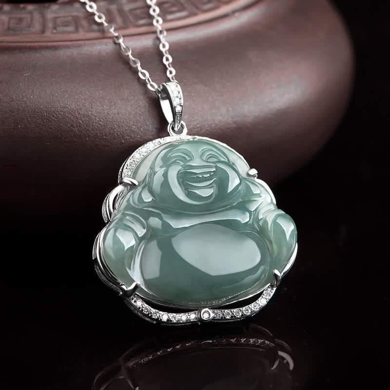 Mythstone 925 Sterling Silver Laughing Buddha Natural Jade Luck Necklace Chain Pendant