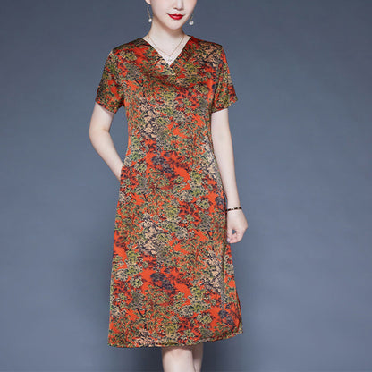 Mythstone V-Neck Tree Leaves Short Sleeve Midi Dress With Pockets