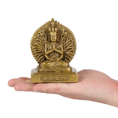 Mythstone Chenrezig Thousand-handed Avalokitesvara Figurine Double-sided Kuan Yin Bodhisattva Protection Solid Copper Statue Decoration