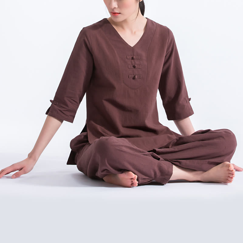 Mythstone Yoga Meditation Prayer V-neck Design Cotton Linen Clothing Uniform Zen Practice Women's Set