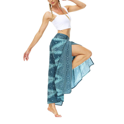 Mythstone Boho Geometric Feather Split Thigh Wide Leg Pants Sports Fitness Dance Women's Yoga Pants