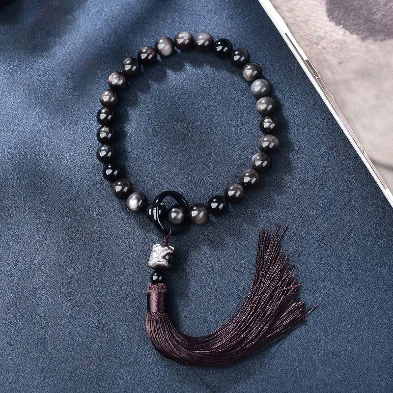 Mythstone Natural Silver Sheen Obsidian Lion Wrist Mala Protection Tassels Pocket Mala Car Decoration