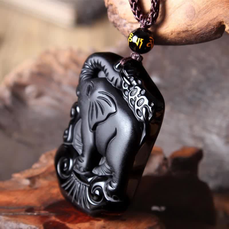 Black Obsidian Elephant Protection String Necklace Pendant Key Chain