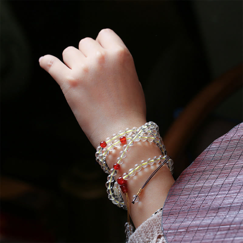 Mythstone 108 Mala Beads 925 Sterling Silver Natural White Agate Red Agate Quadruple Wrap Protection Bracelet