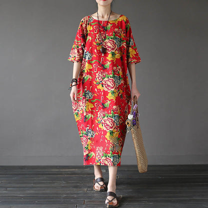 Mythstone Red Peony Flowers Printed Midi Dress Half Sleeve Cotton Linen Dress