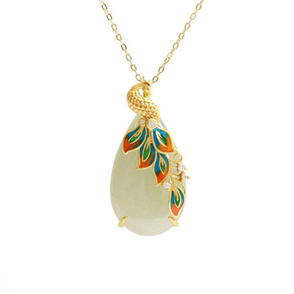 Mythstone White Jade Peacock Protection Necklace Chain Pendant