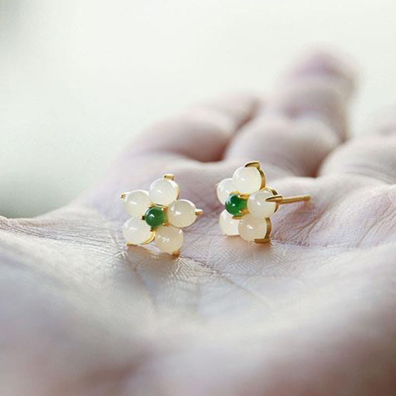 Mythstone White Jade Flower Luck Blessing Stud Earrings