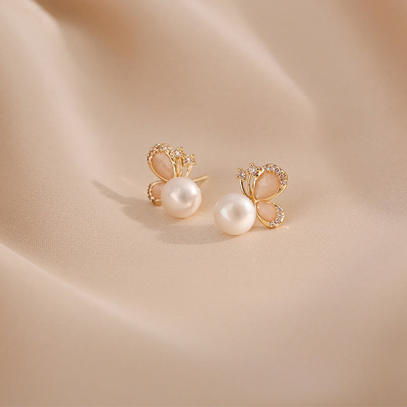 Mythstone 18K Gold Pearl Butterfly Love Freedom Stud Earrings