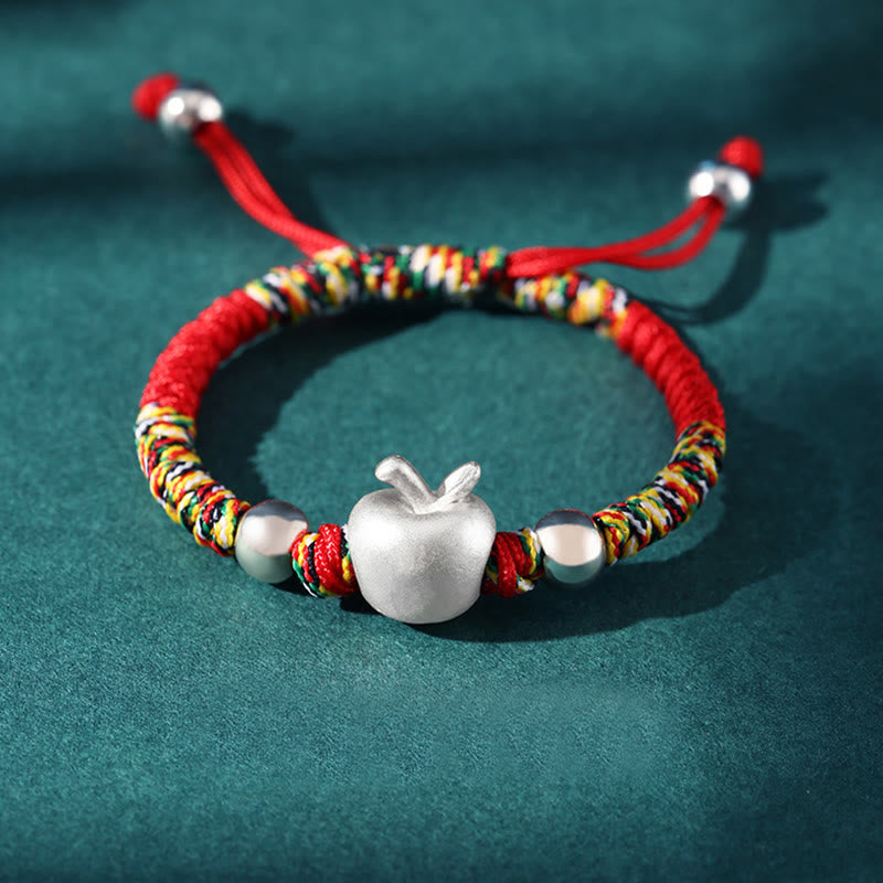 Pulsera para niños hecha a mano con cuerda multicolor de manzana roja de plata esterlina 999 de Mythstone