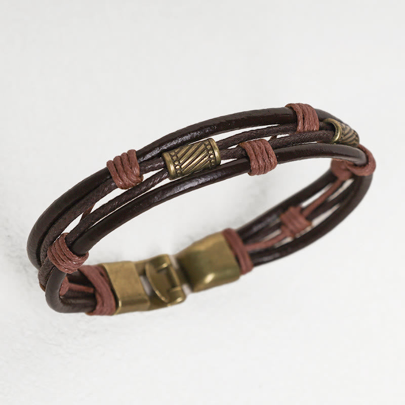 Mythstone Vintage Leather Wrist Band Brown Rope Layered Bracelet Bangle