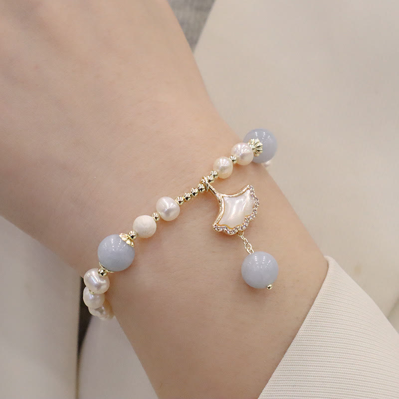 Mythstone Natural Aquamarine Pearl Healing Ginkgo Leaf Butterfly Charm Bracelet