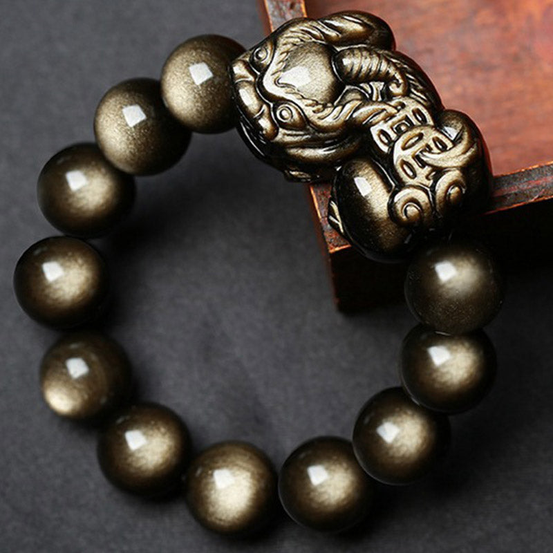 Pulsera protectora de obsidiana dorada PiXiu de FengShui de Mythstone