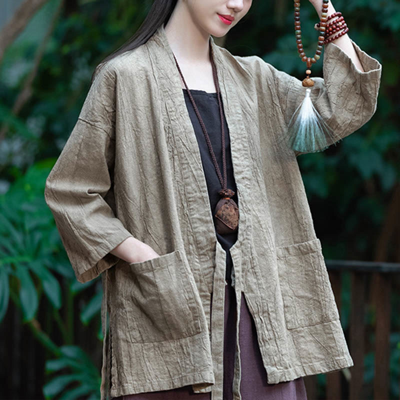 Chaqueta con parte superior abierta al frente y mangas tres cuartos de lino y ramio con diseño Hanfu de Mythstone 