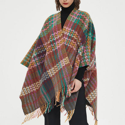 Mythstone Tibetan Shawl Colorful Wavy Line Tassels Winter Cozy Travel Scarf Wrap