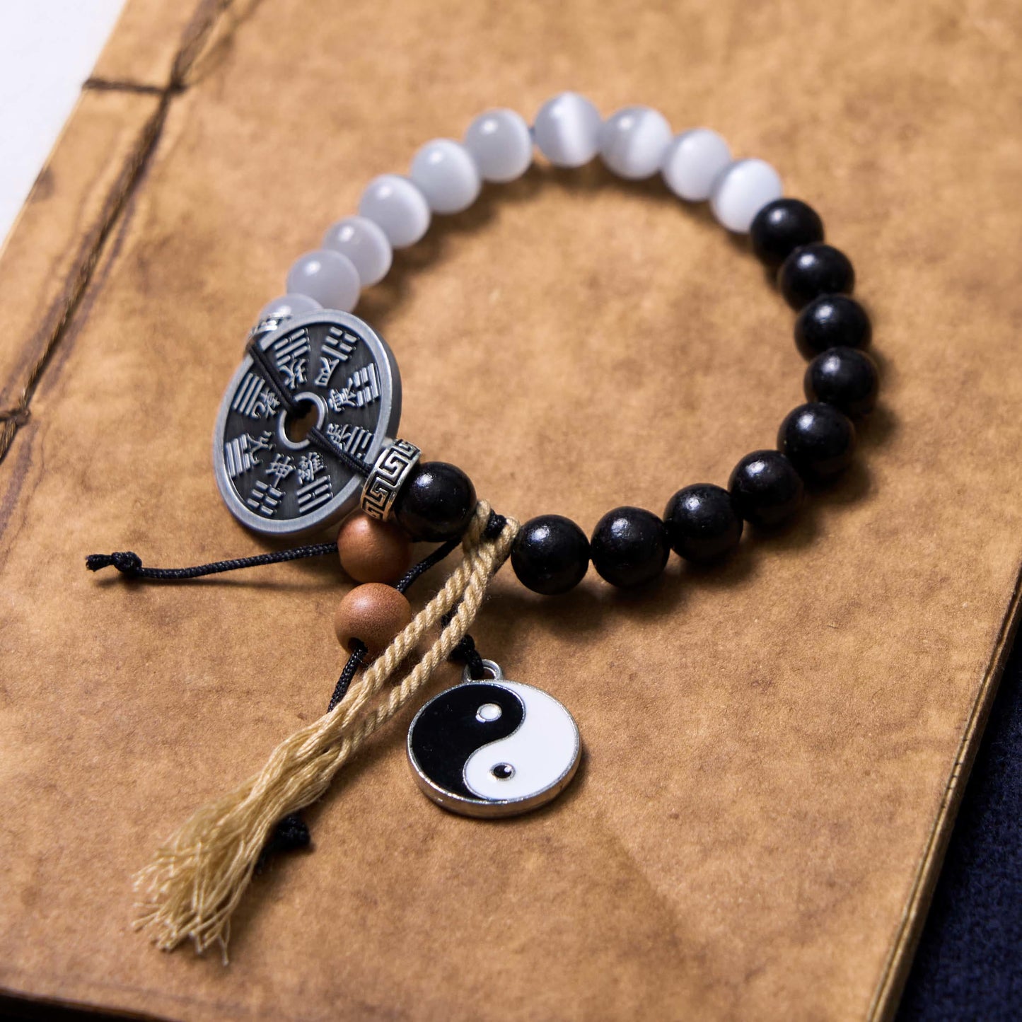 Mythstone Cat's Eye Ebony Wood Yin Yang Bagua Coin Support Rope Bracelet