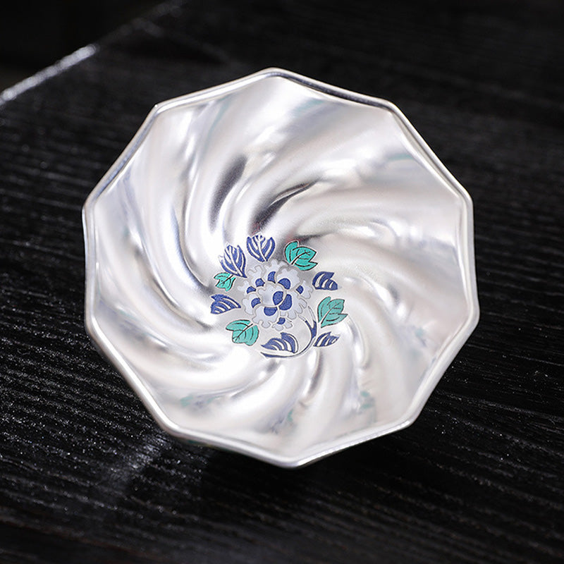 Mythstone 999 Sterling Silver Gilding Chrysanthemum Flowers Ceramic Teacup Kung Fu Tea Cup