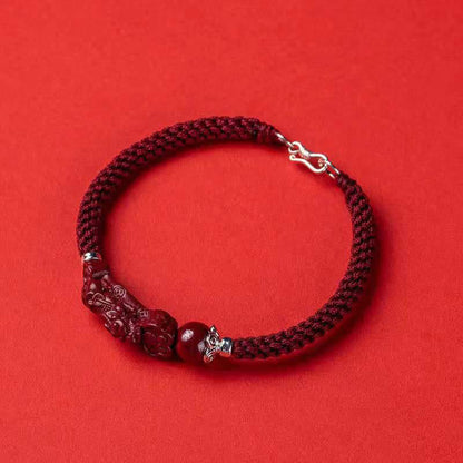 Mythstone Handcrafted PiXiu Cinnabar Wealth Luck Braided Bracelet