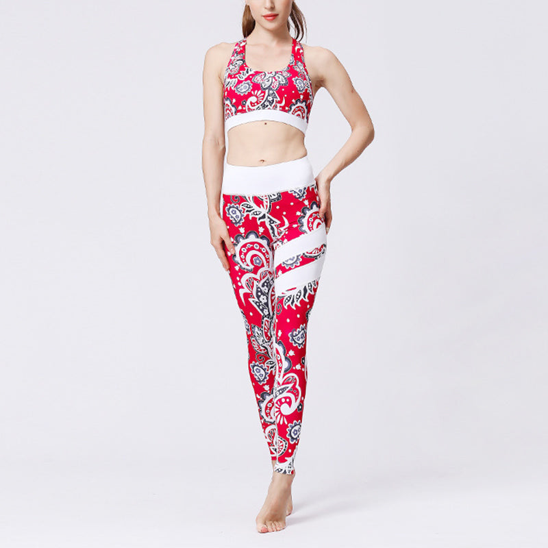 Mythstone 2Pcs Sunflower Flowers Leaves Print Top Pants Sports Fitness Yoga Women's Yoga Sets