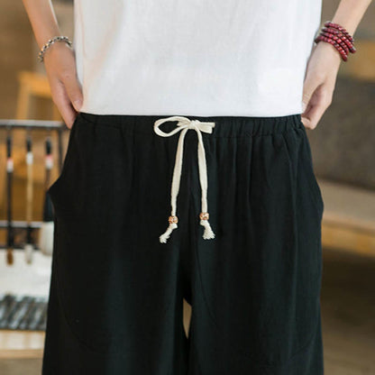 Mythstone Solid Color Mid-Length Wide Leg Pants Cotton Men's Wide Leg Pants With Pockets