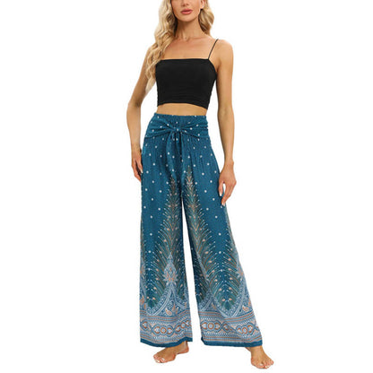 Mythstone Boho Peacock Feathers Lace-up Wide Leg Pants Women's Yoga Pants