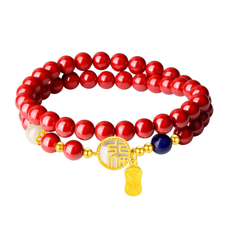 Mythstone 925 Sterling Silver Cinnabar Tridacna Stone Fu Character Double Wrap Blessing Bracelet