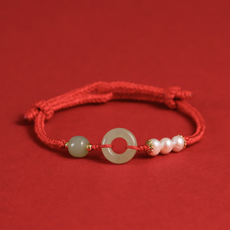 Mythstone Natural Hetian Jade Pearl Peace Buckle Luck Bracelet