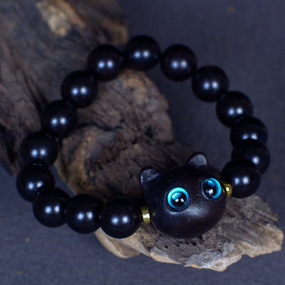 Pulsera de equilibrio de paz con forma de gato encantador de madera de ébano y cristal de Liuli Mythstone 