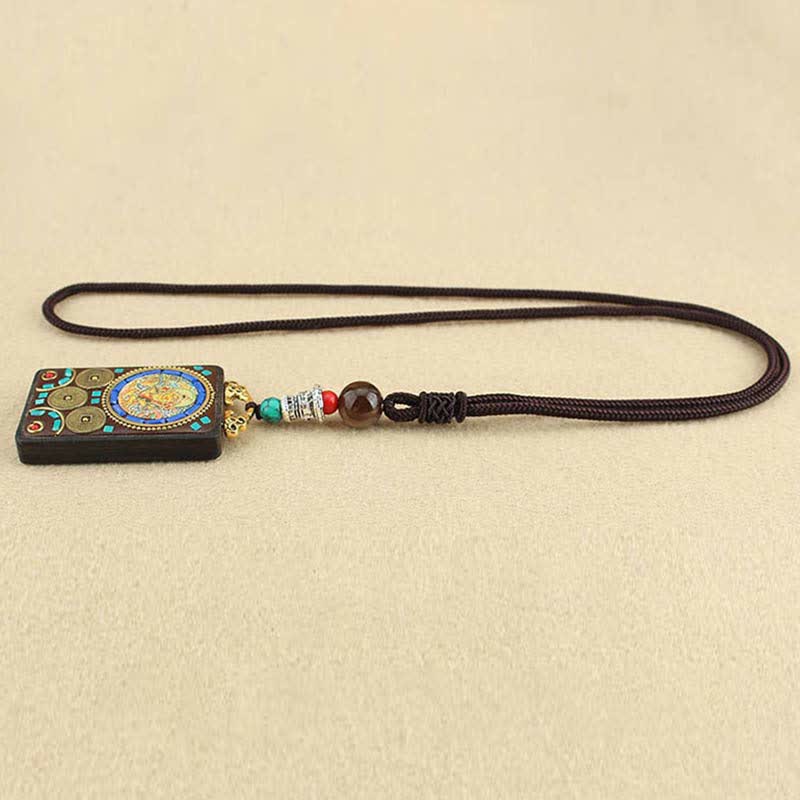 Colgante de collar de ébano con la paz y el dios de la riqueza del Thangka del Tíbet de Mythstone 