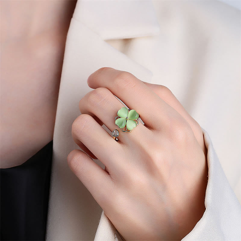 Mythstone Cat's Eye Four Leaf Clover Zircon Love Rotatable Ring