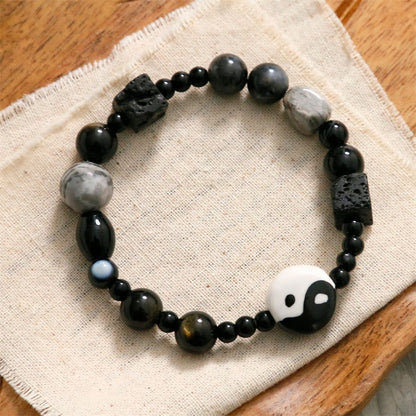 Mythstone Black Onyx Picasso Jasper Bead Yin Yang Fortune Protection Bracelet