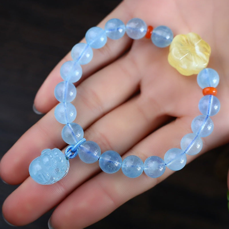 Mythstone Natural Aquamarine Amber Pixiu Peace Healing Charm Bracelet