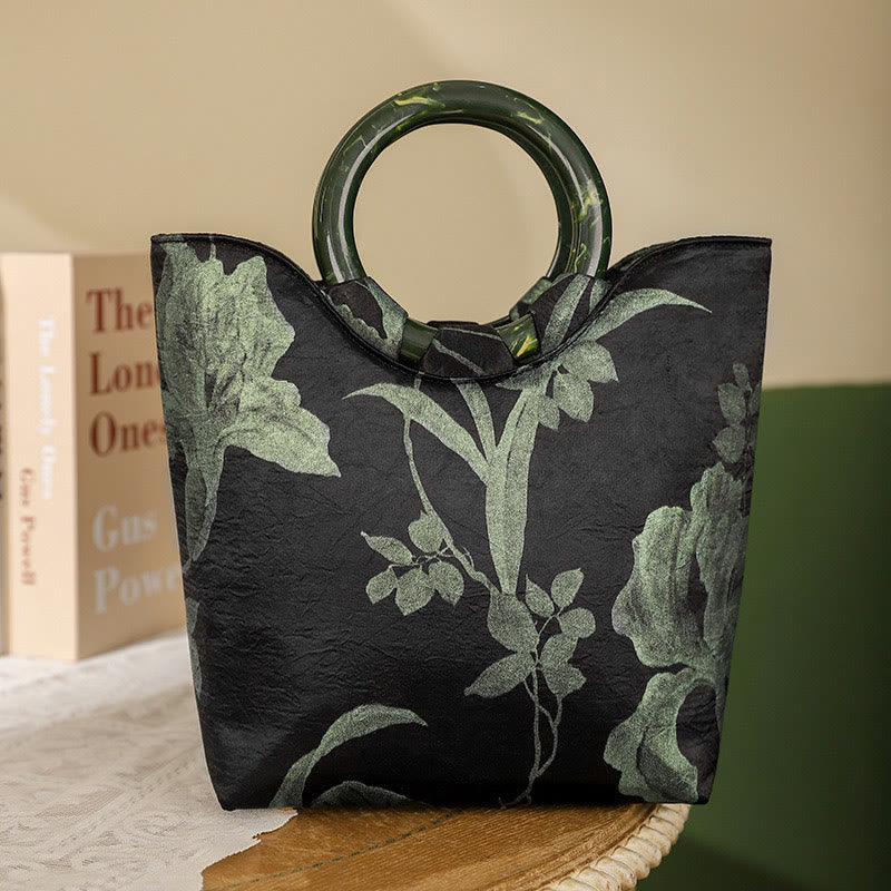 Mythstone Black Green Orchids Print Vintage Handbag